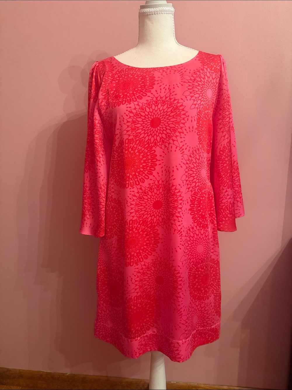Bright Pink Long-Sleeve Floral Shift Dress